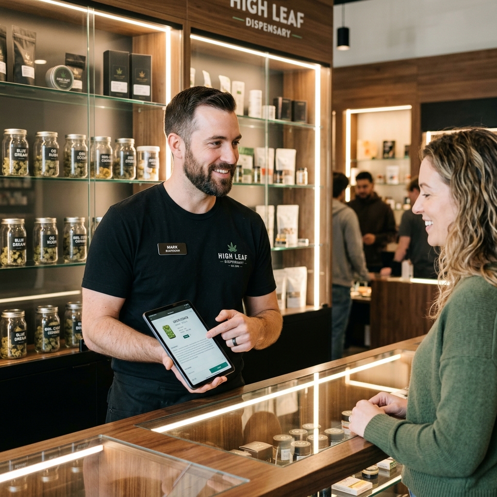 Bud tender using tablet to help customer find the right product
